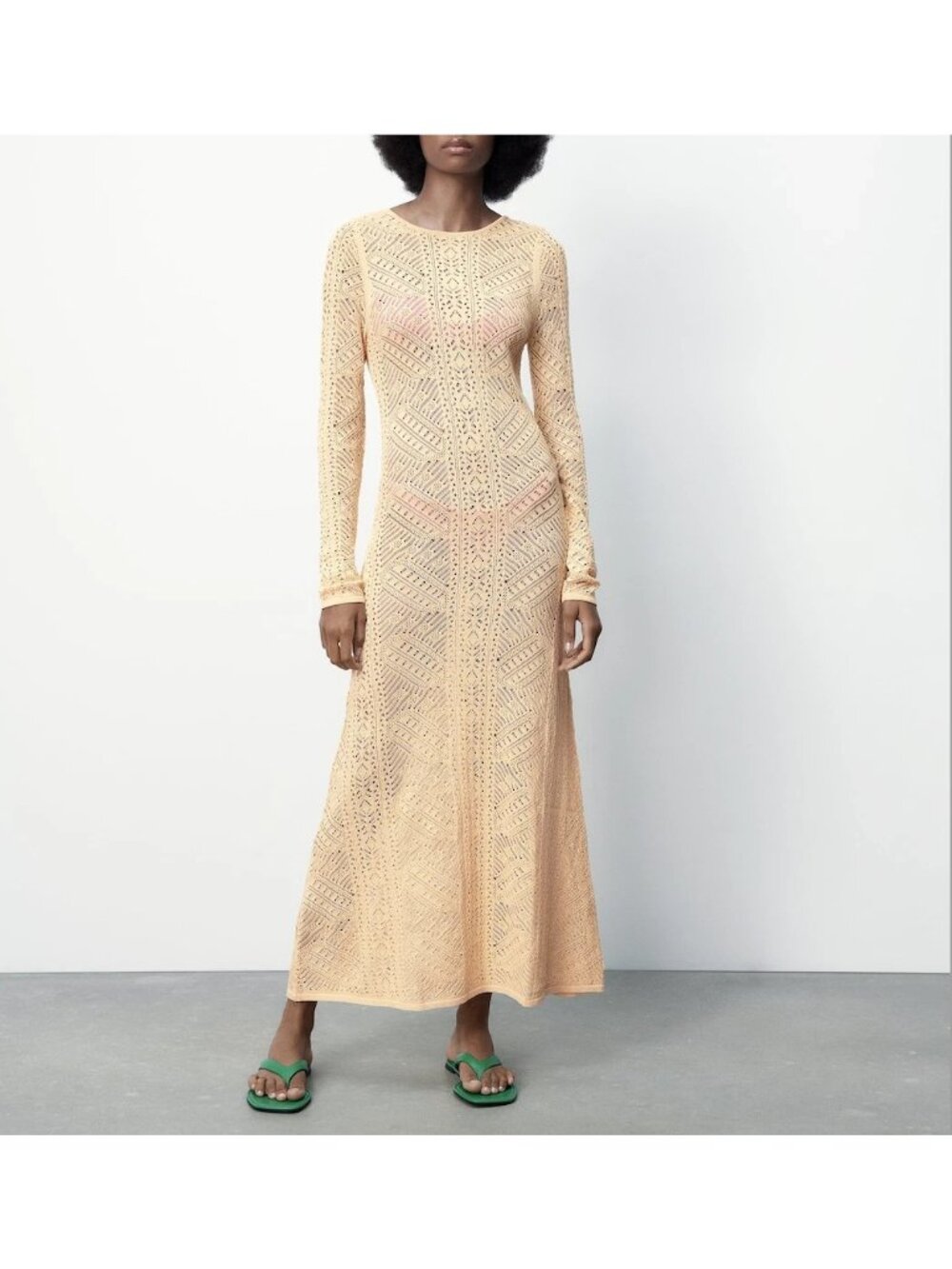 NEW ZARA WOMAN LONG SEMI-SHEER Romantic POINTELLE KNIT DRESS LTD BUTTER  M